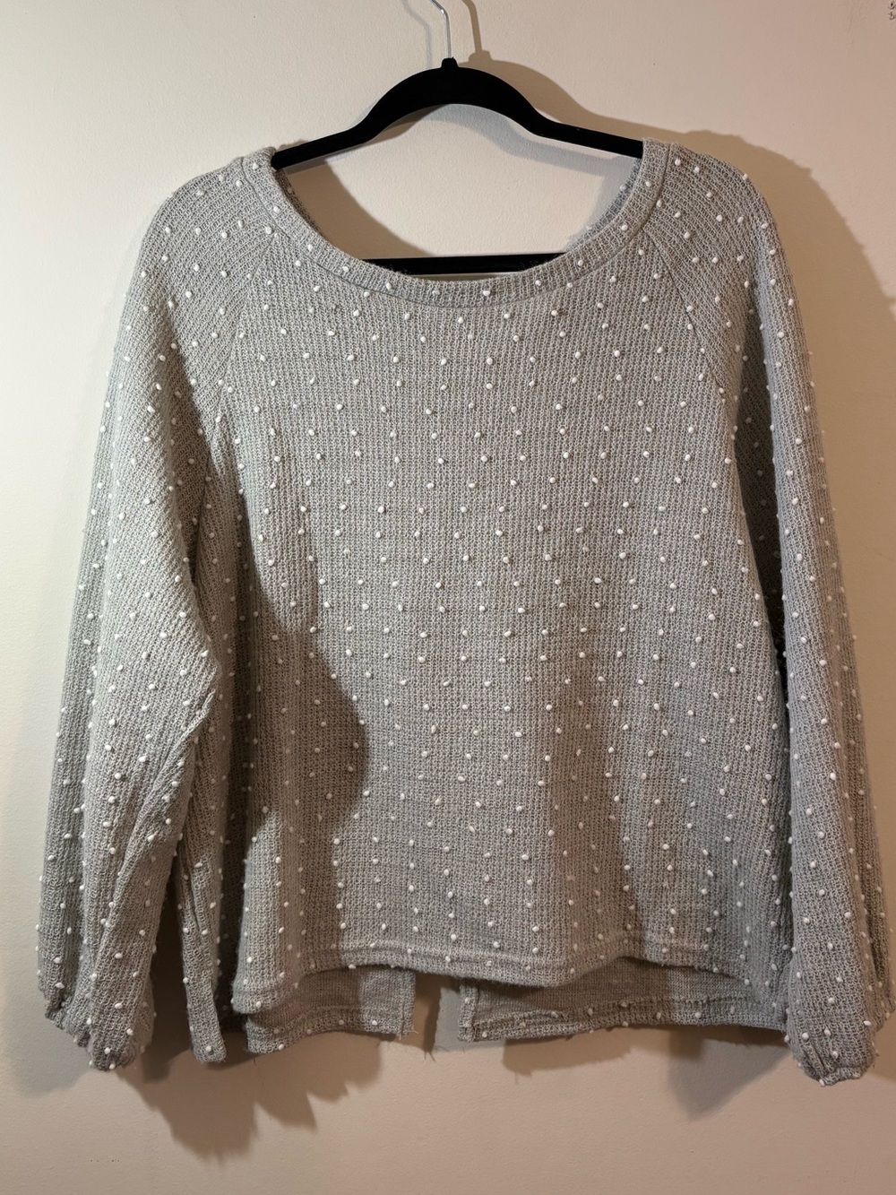 Blu Pepper sweater women’s large pompom embellishments balloon sleeve Light Gray